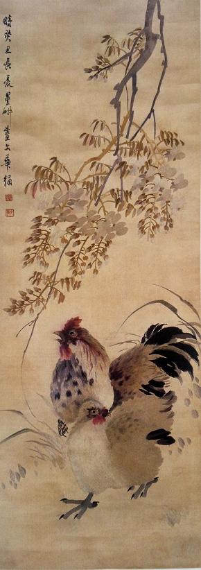 薛文華繡紫藤雙雞圖（軸），民國(guó)時(shí)期蘇繡，民國(guó)織繡精品，華喦