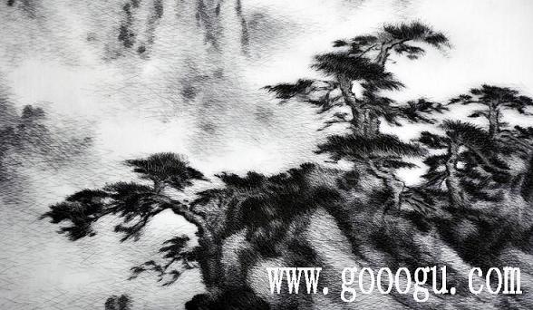 亂針繡精品，風景蘇繡畫，手工刺繡風景畫，黃山云海