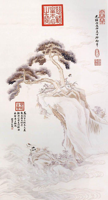 刺繡慈禧印松鶴圖（軸）,宮廷繡品，皇家刺繡品